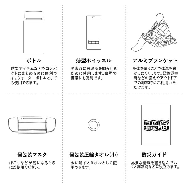 防災緊急６点セット　コンパクトボトルタイプ　ブラック