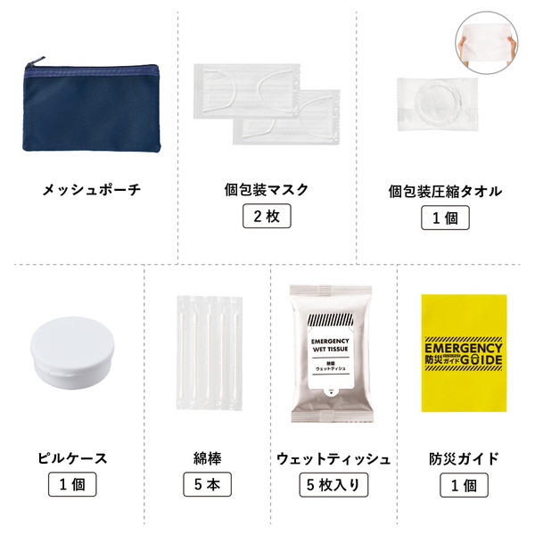 防災緊急７点セット　メッシュポーチタイプ　ネイビー