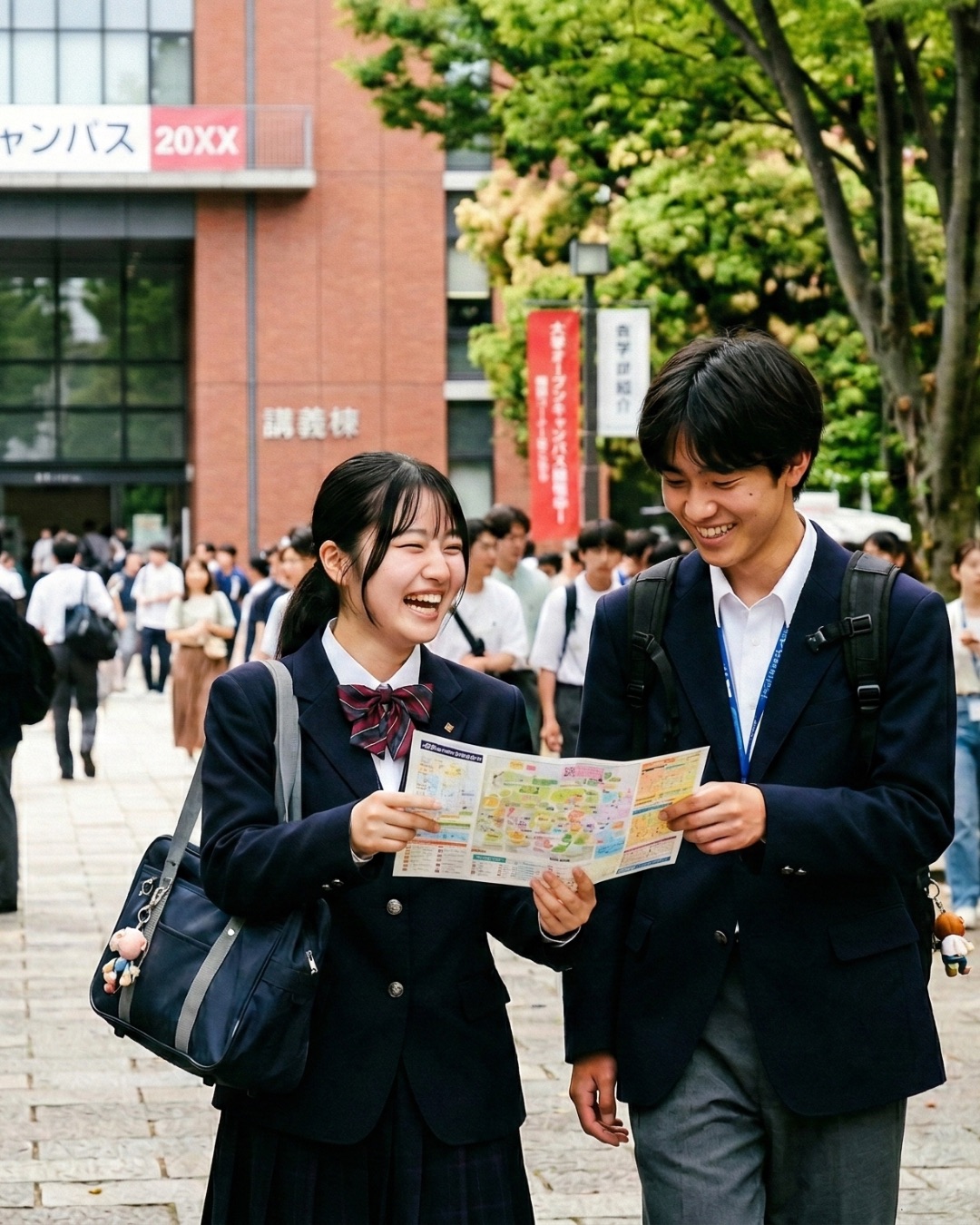 オープンキャンパスでノベルティを手に笑う高校生